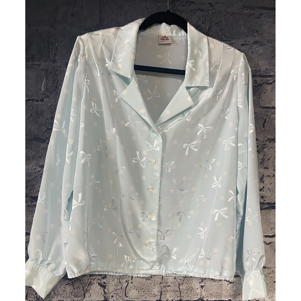 Vintage Bleyle Blouse Size‎ 14 Light Blue Button Up Long Sleeve Secretary  Retro